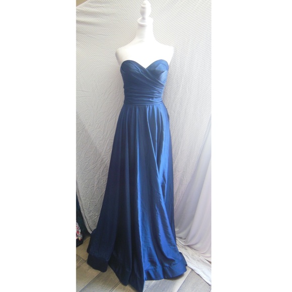 NEW LA FEMME Navy STRAPLESS Sweetheart PLEATED Satin HIGH SLIT Evening BALL GOWN - Picture 5 of 16
